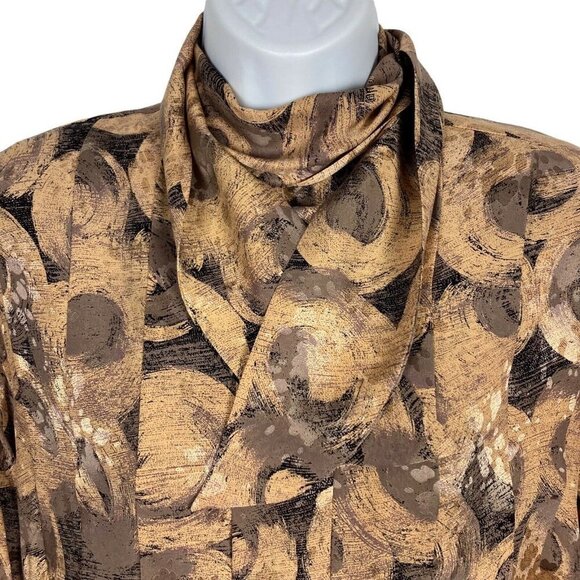 Vintage Pura Seta Silk Secretary Blouse 6 Bronze Swirls Satin Bow High Neck - Picture 2 of 6